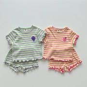 夏季婴儿韩版短袖木耳边条纹T恤短裤两件套女宝宝可爱薄款套装潮
