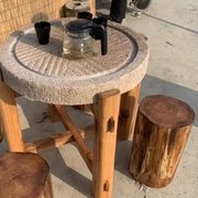 石磨茶盘茶台桌子老磨盘旧石器茶托茶具木架磨片石桌石凳组合摆件