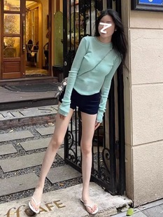 2024韩国春秋少女心薄荷绿性感，微透薄款针织衫长袖t恤女上衣