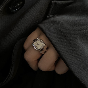 s925银罗马数字手表形状开口戒指男女街头朋克风复古时尚重工指环