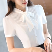 韩版职业白色衬衫女短袖夏季雪纺，宽松正装大码蝴蝶结衬衣2022
