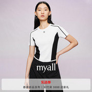 myall白色冰丝针织衫女2024夏季时尚简约撞色设计高级短袖T恤