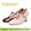 KISSCAT接吻猫2024圆头高粗跟一字带修脚女单鞋KA43203-11