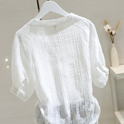 白色v领雪纺衬衫女m短袖2023夏季宽松显瘦设计感小众气质衬衣