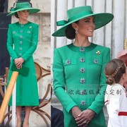 高级定制凯特王妃同款装饰扣绿色连衣裙长款A裙修身显瘦大牌精致