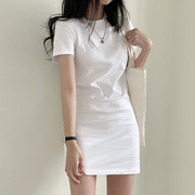 韩国chic极简主义春夏气质圆领，纯色修身包臀短袖t恤连衣裙短裙女