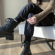 白鸭绒黑色羽绒裤女冬季外穿时尚加绒保暖束脚宽松高腰工装靴裤子