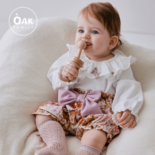 oakfamily儿童套装女洋气纯棉，荷叶领上衣婴幼儿花苞短裤宝宝套装