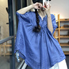 素凡卡夏季简约日系宽松苎麻套头衫，减龄抽绳蝙蝠袖衬衫女纯色上衣