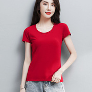 红色纯棉圆领短袖t恤女小个子夏季纯色修身显瘦百搭打底体恤