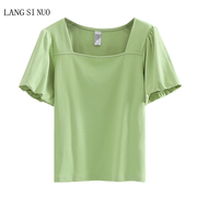 方领泡泡袖T恤女夏韩版纯棉修身显瘦清新绿色荷叶边短袖上衣