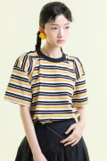 YUNKIXU原创设计日系黄黑条纹露肩宽松镂空绳结可爱t恤短袖