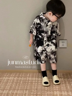 韩范男童男宝宝儿童夏季k3渲染短袖衬衫，配短裤渣男雪纺两件套装