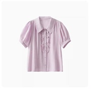 米家好品质甜美减龄小心思，荷叶边门襟，单排扣娃娃领紫色衬衫