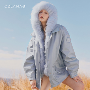 OZLANA黑色解构派克+摩卡圆领皮草派克服2023女皮毛一体外套