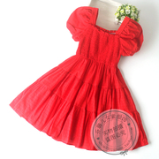 女童红色连衣裙夏装儿童泡泡袖纯棉公主裙中大童女孩夏季礼服裙子