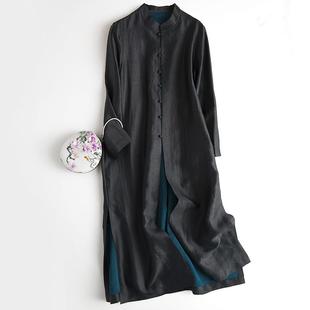 2023香云纱黑色风衣 中式长外套 重磅龟裂纹直通长袖风衣裙