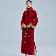 陌遇2024冬季中国风复古改良羊毛呢宴会旗袍新中式红色连衣裙