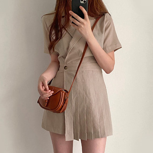 韩国chic夏季气质西装领收腰显瘦短袖一粒扣设计感百褶裙连体裤女