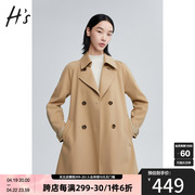 hs奥莱卡其色双排，扣风衣秋冬女装，通勤翻领小个子中长款外套