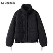 拉夏贝尔/La Chapelle黑色菱格棉服女冬季立领宽松棉衣外套