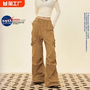 NASA联名设计多口袋皱褶美式工装长裤女宽松慵懒垂感工装休闲裤