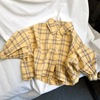 手感软糯的宽松衬衫韩国儿童棉麻，小翻领蝙蝠衫，小清新格子宽松衬衫