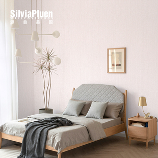 silviapluen美国墙纸无纺布纯色素色，亚麻布纹卧室客厅浅粉色壁纸