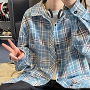 长袖衬衫男款2024春季韩版潮流日系复古格子，大码翻领衬衣外套