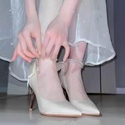 法式高跟鞋女2023性感旗袍鞋礼服鞋伴娘鞋细跟白色婚鞋新娘鞋