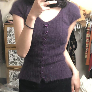紫色毛茸茸针织衫修身上衣甜美显瘦少女交叉带百搭短袖毛衣女(毛衣女)春季