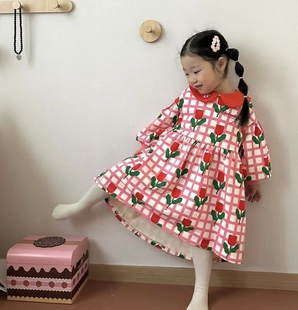 ！韩国童装ins风婴儿宝宝女童红色格子樱桃娃娃领连衣裙裙子