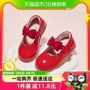 戴维贝拉女童皮鞋单鞋公主鞋2024红色童鞋春季鞋子蝴蝶结