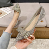 法式银色婚鞋主婚纱，新娘鞋3cm低跟蝴蝶结，高跟鞋女订婚公主水晶鞋