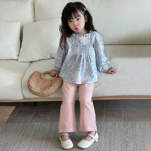 女童韩系小众气质碎花花边领娃娃衫宝宝幼儿园，纯棉长袖衬衫衬衣