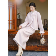 山有色新中式女装原创中国风盘扣，外套粉色温柔双面羊毛呢半裙套装