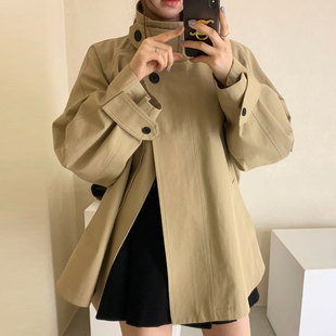韩国chic秋季复古小众立领两粒扣设计感宽松休闲长袖风衣外套女