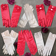 红色手套新娘秀禾服短款手套，结婚中式婚庆，冬婚纱礼服手套缎面手纱