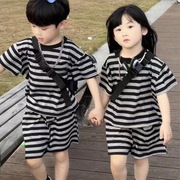 男女童套装洋气条纹短袖短裤分体韩版休闲夏季薄款两件套中小童潮
