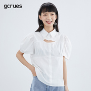 gcrues白色短袖上衣女夏季胸前镂空衬衫洋气衬衣女设计感小众