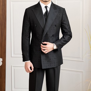 鹿三先生意式双排六扣一修身黑色礼服西装商务正装潮男休闲单西服