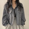 韩国chic春季法式复古百搭单排扣翻领短款灯芯绒衬衫长袖外套女潮