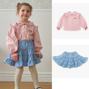 ！韩国童装婴儿宝宝女童红色格子娃娃领衬衣蓝色百褶裙套装
