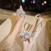 法式水晶高跟鞋蝴蝶结婚鞋2023水钻尖头细跟夏季女凉鞋金色新娘鞋