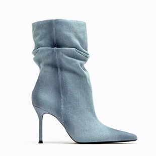 ZA2024秋冬蓝色牛仔布尖头高跟短靴堆堆靴细跟气质时装女靴子