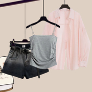 粉色长袖薄款防晒衬衫女夏季2024修身背心吊带设计感牛仔短裤