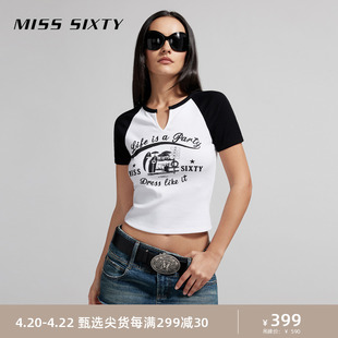 Miss Sixty2024夏季T恤女美式复古插肩袖拼色印花百搭休闲风