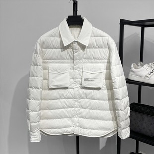 G款男士2023冬季纯白色鸭绒保暖工装印花衬衫轻薄羽绒服外套