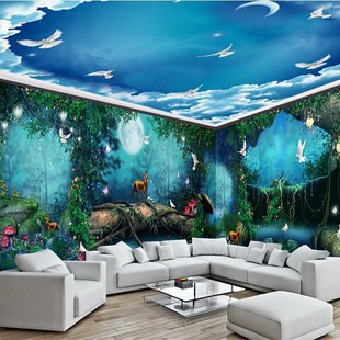 3d立体森林风景儿童房壁纸游乐园梦幻城堡壁画酒店主题房背景墙纸
