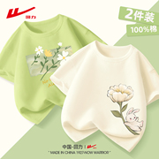回力童装儿童t恤短袖女童，2024绿色纯棉舒适小女孩衣服打底衫